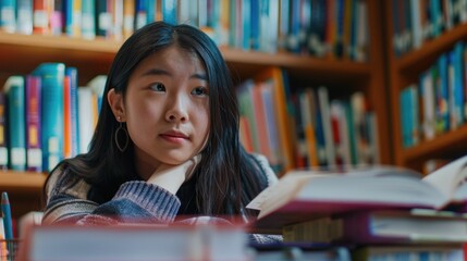 An Asian adult student studying in a campus library, surrounded by textbooks and academic journals