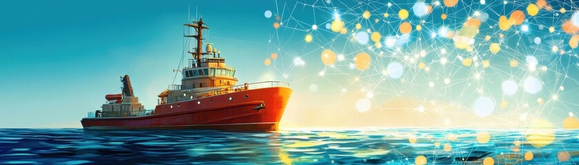 A vibrant red ship sailing across calm waters under a colorful sky.