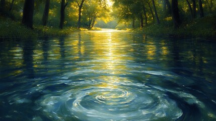 Golden Hour Reflections: Serene River Scene in a Forest