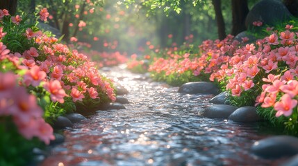 Tranquil Stream Flowing Through a Lush Pink Flower Garden