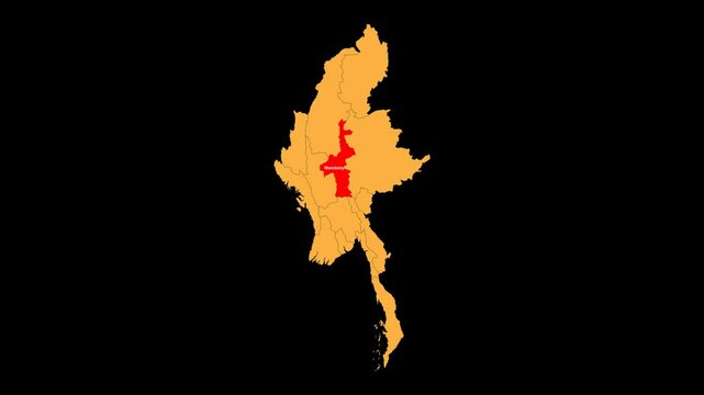 Mandalay map animated video. The location is highlighted on the myanmar map. Colour map with transparent background in video format.
