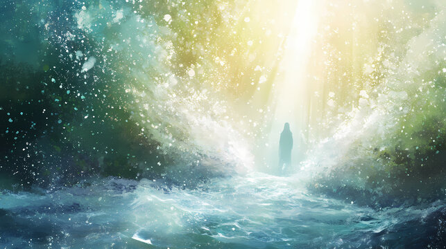 Spiritual energy coursing through a sacred waterfall as the sound of rushing water echoes in the soul, cleansing and renewing. Echoes. Illustration