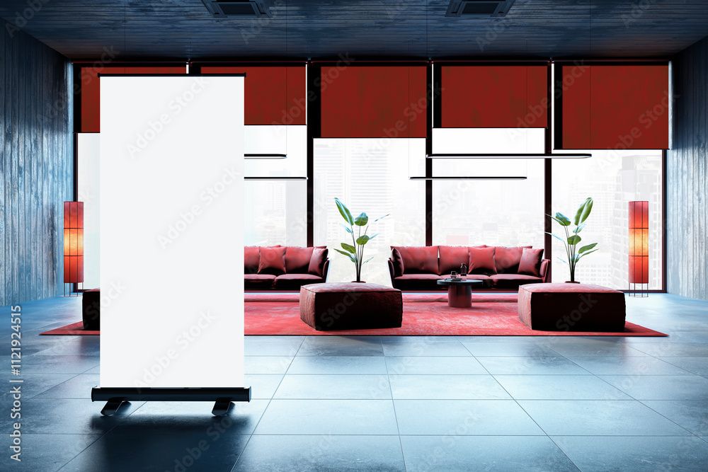 Poster blank roll-up banner in a modern office interior with red accents and large windows overlooking a ci