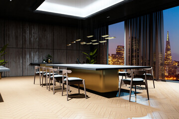 Modern conference room interior with wooden accents, elegant furniture, large table, chairs, and a city skyline view through floor-to-ceiling windows. 3D Rendering
