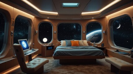 Futuristic spaceship bedroom with Earth view.