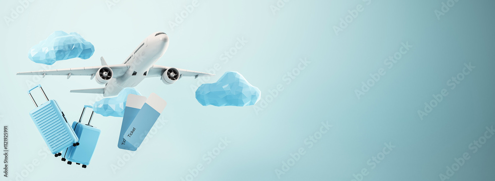 Poster airplane with luggage and boarding pass flying among clouds on light background. travel concept. 3d 