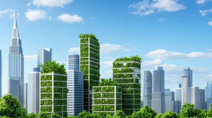 Fototapeta premium lush green cityscape brimming with vertical gardens and modern skyscrapers showcases sustainable architecture and urban greenery. vibrant scene reflects eco friendly living
