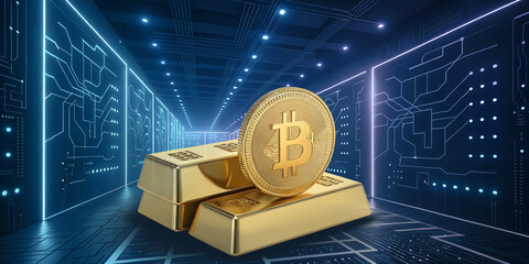 Digital Gold Concept. Golden Bitcoin on Global Networking International Communication, Golden Bars, Coin Digital Currency, Bitcoin Money investment. investor cryptocurrency data concept.