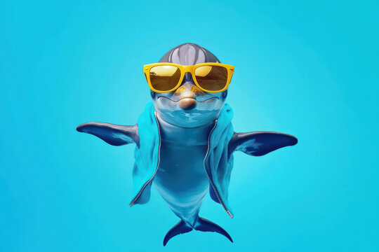 fashionable dolphin wearing sunglasses and stylish jacket swims in vibrant blue water, exuding playful and trendy vibe