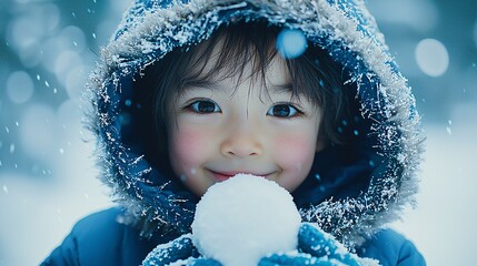 Cheerful Child in Blue Parka Holding Snowball - Winter Fun Close-Up