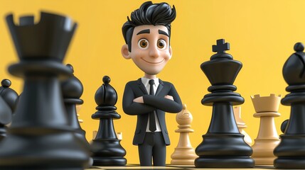 Concept business strategy. businessman with chess pieces, reaching to plan strategy for success, management or leadership. 3d cartoon illustration.