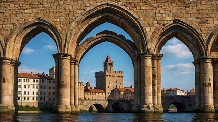 Obraz premium Ancient Stone Archway Framing Medieval Cityscape