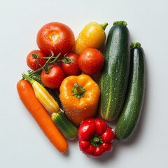 Assorted fresh vegetables: tomatoes, bell peppers, zucchini, and carrot on white background