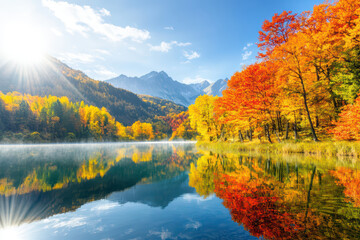 Fototapeta premium tranquil lake reflecting vibrant autumn foliage and mountains under bright sun. scene captures beauty of nature in fall, evoking sense of peace and serenity