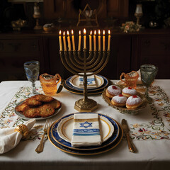 Elegant Hanukkah Table with Menorah and Treats.
