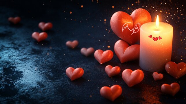 Romantic Candlelit Scene with Heart Shapes and Soft Glow for Valentine's Day Celebrations, Invitations, or Love-Themed Events