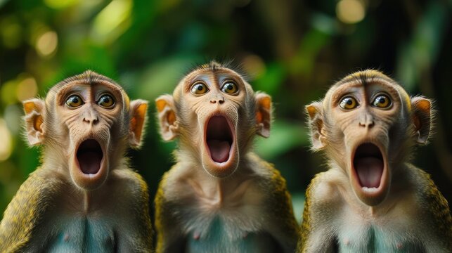 Three surprised monkeys with open mouths in nature 