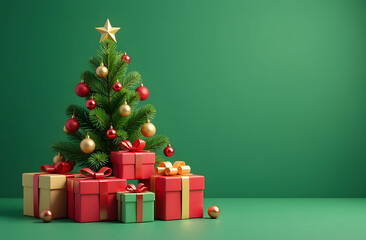 Christmas tree with gifts on a green background.