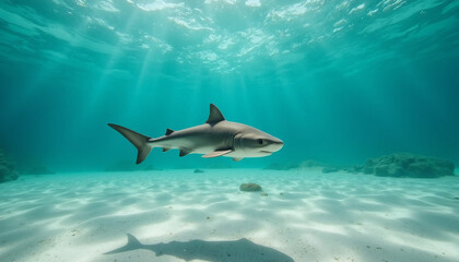 Obraz premium Photorealistic baby shark in shallow turquoise water near sandy ocean floor