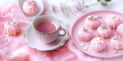 Fototapeta premium Pink mini cakes and tea set on pastel background, horizontal, suitable for bakery presentations, tea party events, dessert blogs, feminine lifestyle content and sweet celebration materials