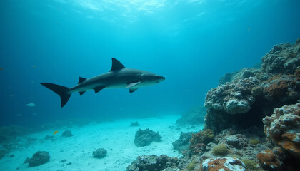 Fototapeta premium Photorealistic baby shark gliding near coral reef in soft blue ocean
