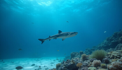 Naklejka premium Photorealistic baby shark gliding near coral reef in soft blue ocean
