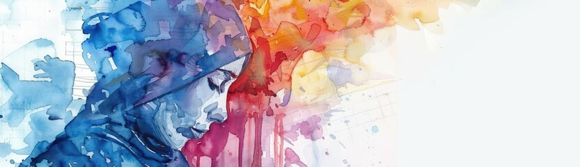 Obraz premium Detailed watercolor closeup of a conflicted investor in Islamic attire, with a serene expression amidst financial symbols White background ensures a clear, focused image