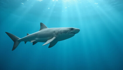 Fototapeta premium Photorealistic baby shark swimming in clear blue ocean with soft light