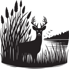 A deer peeking from behind by a lake vector silhouette