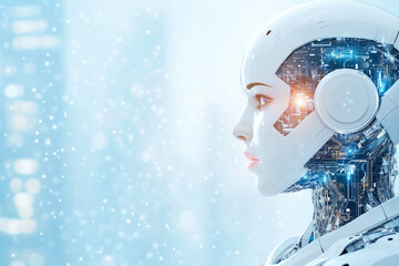 A woman's face is shown with a robotic design