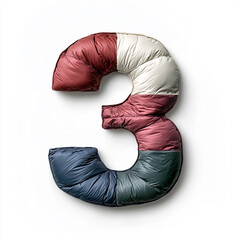 Stylish padded numbers ,warm down. Isolated. Winter fashion. Number 3 .