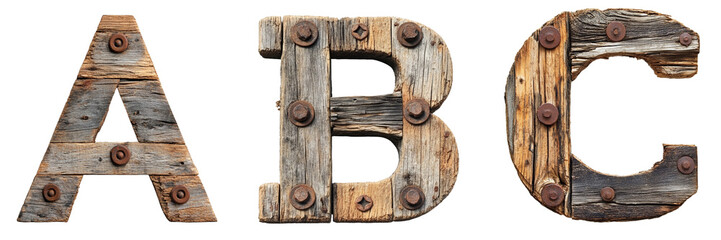 Letters A, B and C made of old wood with rusty nails. Wild West and Rustic alphabet and typography. Transparent PNG. 