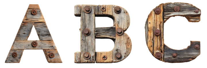 Letters A, B and C made of old wood with rusty nails. Wild West and Rustic alphabet and typography. Transparent PNG. 