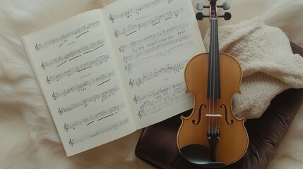 Fototapeta premium Classical music sheet notes elegantly displayed on a wooden stand, embodying the timeless beauty and intricate artistry of orchestral compositions.