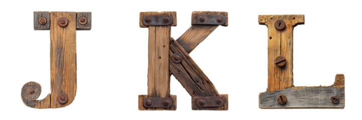 Letters J, K and L made of old wood with rusty nails. Wild West and Rustic alphabet and typography. Transparent PNG. 