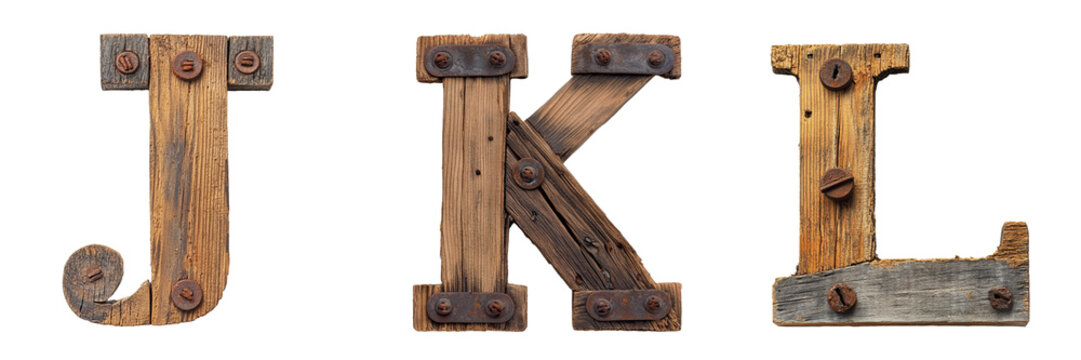 Letters J, K and L made of old wood with rusty nails. Wild West and Rustic alphabet and typography. Transparent PNG.  - Powered by Adobe