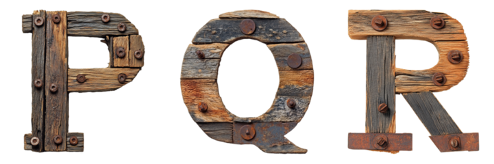 Letters P, Q and R made of old wood with rusty nails. Wild West and Rustic alphabet and typography. Transparent PNG. 