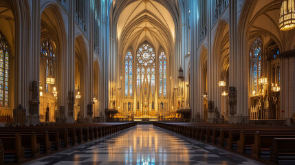 Fototapeta premium A stunning Gothic cathedral with towering arches and vibrant stained glass windows, illuminated by warm light, showcasing architectural grandeur. 