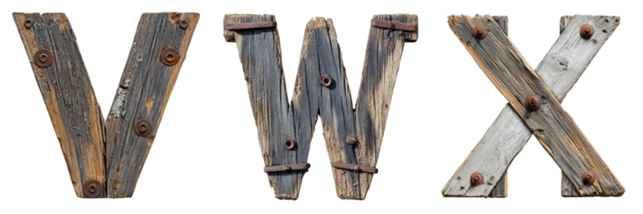 Letters V, W and X made of old wood with rusty nails. Wild West and Rustic alphabet and typography. Transparent PNG. 
