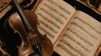 Fototapeta premium Classical music sheet notes elegantly displayed on a wooden stand, embodying the timeless beauty and intricate artistry of orchestral compositions.