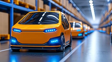 Fototapeta premium a photostock of a sleek modern warehouse with rows of robotic vehicles, automation style 2025