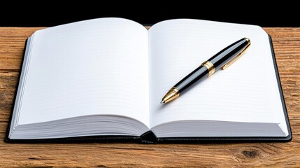 Naklejka premium a photostock of an open journal with a pen on a blank page, introspective design 2025
