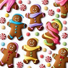 Fototapeta premium Isolated gingerbread men with playful expressions and colorful icing, surrounded by scattered candy canes and gumdrops