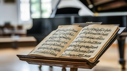 Classical music sheet notes elegantly displayed on a wooden stand, embodying the timeless beauty...