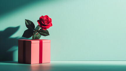 beautiful red rose in gift box against mint green background