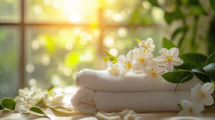 Sunlit Spa Scene with White Towels and Jasmine Flowers