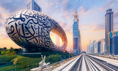Sunset Dubai, cityscape with skyscrapers and tourist landmark museum. Metro railway, Luxury...