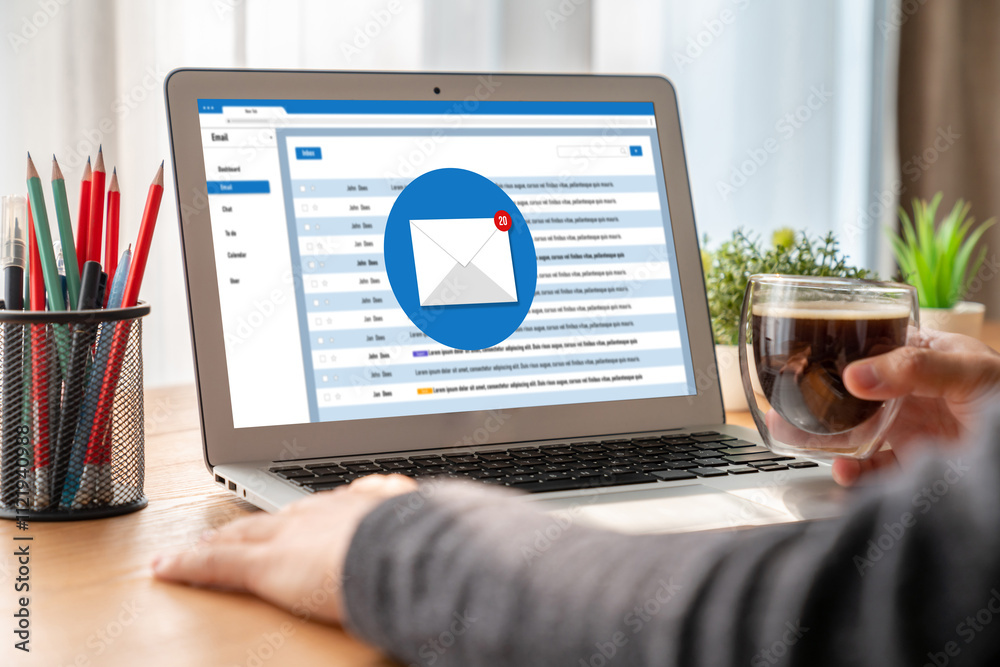 Poster email notification message showing on computer screen snugly. digital marketing message information 