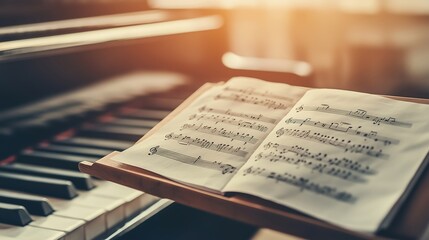 Classical music sheet notes elegantly displayed on a wooden stand, embodying the timeless beauty...