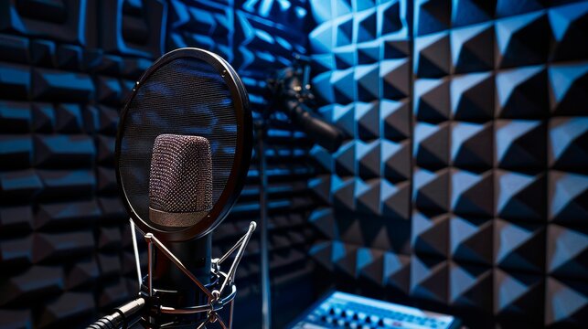 Voice actor captured in professional studio with ai transcription software and soundproof equipment
